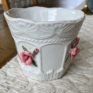 Elegant White Vase with Pink Floral Accents